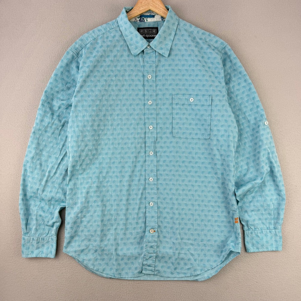 Reyn‎ Spooner Hawaiian Shirt Mens Large Blue Long Sleeve Aloha Flip-Cuff Floral
